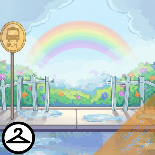 Rainy Bus Stop with a Rainbow Background
